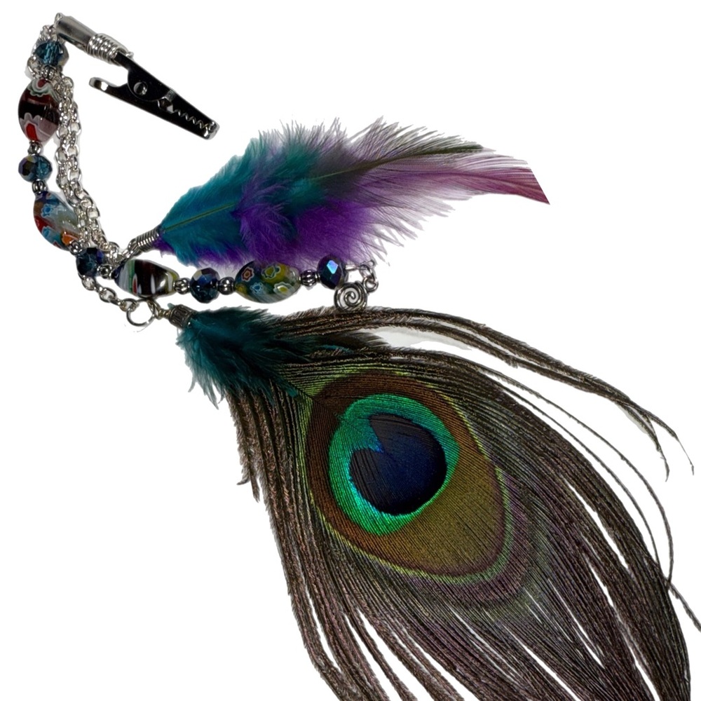 Boho‎ Peacock Feather Hairclip – Handcrafted Beads & Colorful Flair - Picture 3 of 6